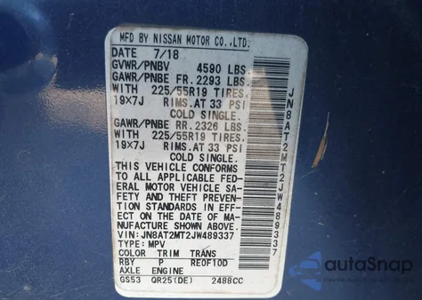 2018 Nissan Rogue Sl из США, поврежденный, VIN JN8AT2MT2JW489337